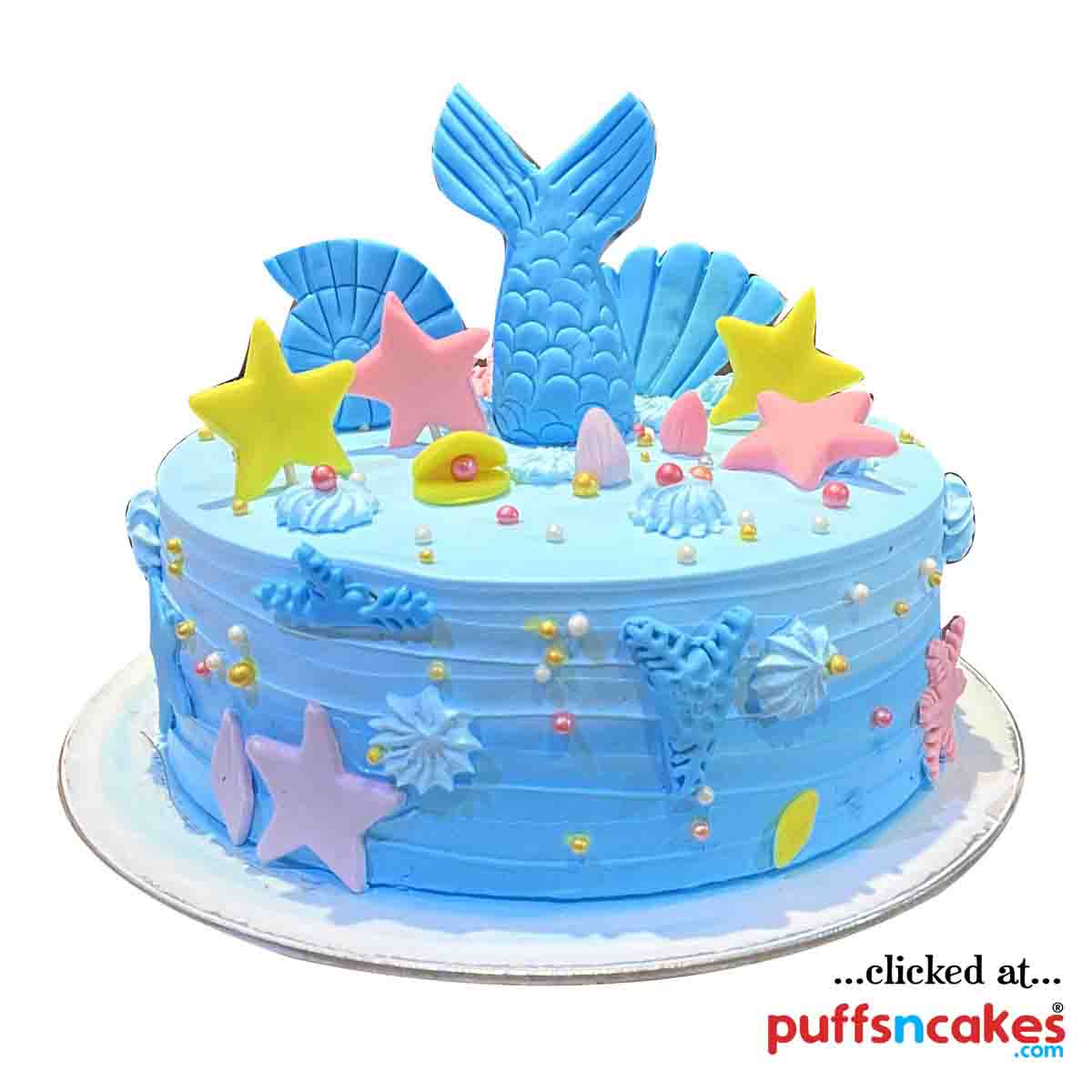 (1649) Aqua Mermaid Theme Semi Fondant Cake